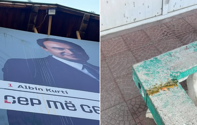 Policia e Kosovës në vendin ku u hodhën vezët ndaj eskortës së kryeministrit Albin Kurti në Skenderaj.